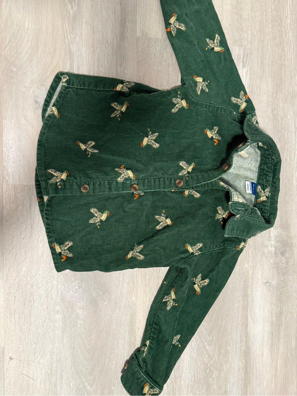 Old Navy Forest Green Corduroy Button-Down Shirt with Ducks! Size 18-24 - Picture 3 of 4